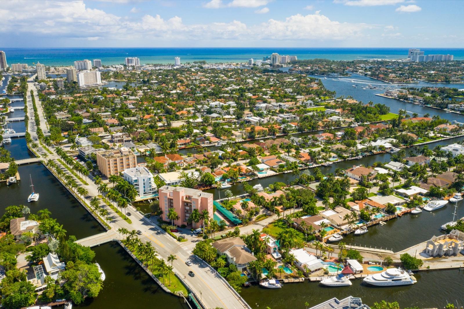 Aerial view of the Las Olas Isles canals in Fort Lauderdale reaching toward the Atlantic